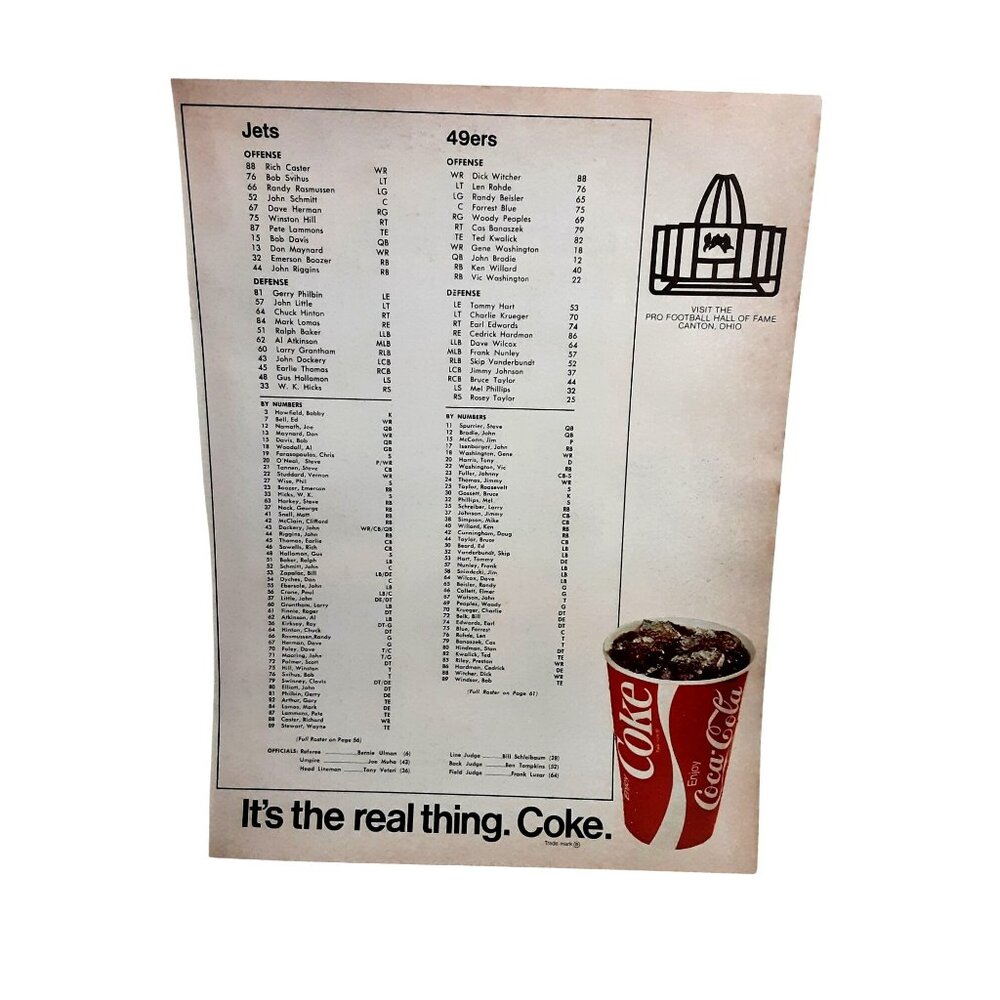 1971 NFL Jets vs 49ers Roster Page & Coke Ad Original Magazine Cut Out